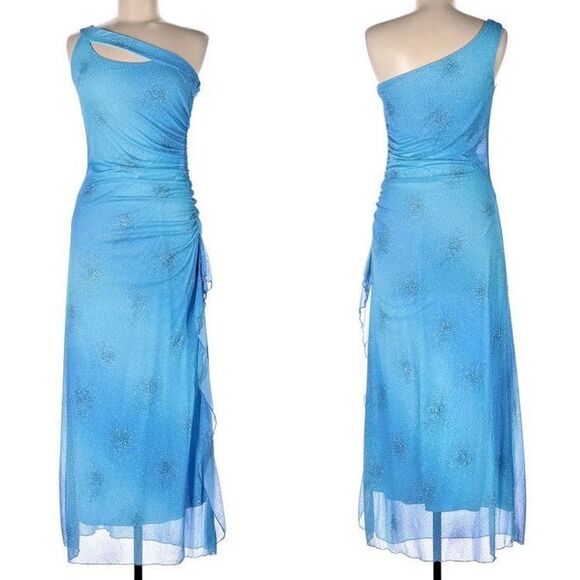 Vintage 1990s y2k Taboo Prom Dress Maxi One Shoulder Blue Glitter Cut Out Size M - Picture 1 of 14